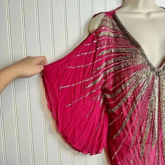 Boston Proper pink heavily beaded butterfly sleeve semi sheer top size small H36 - Picture 3 of 7